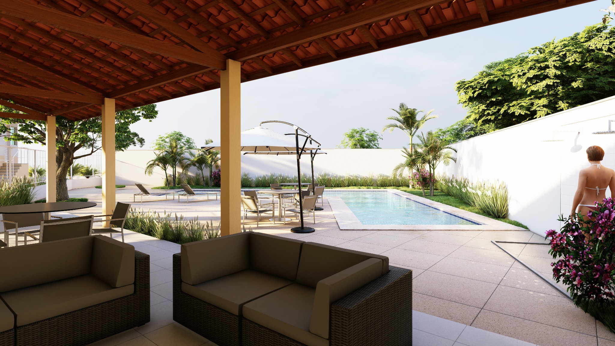 Espaço coberto com vista para piscina