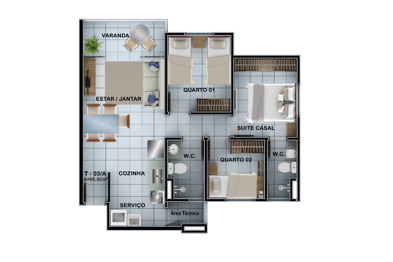 Planta 2 quartos • 46,09m²