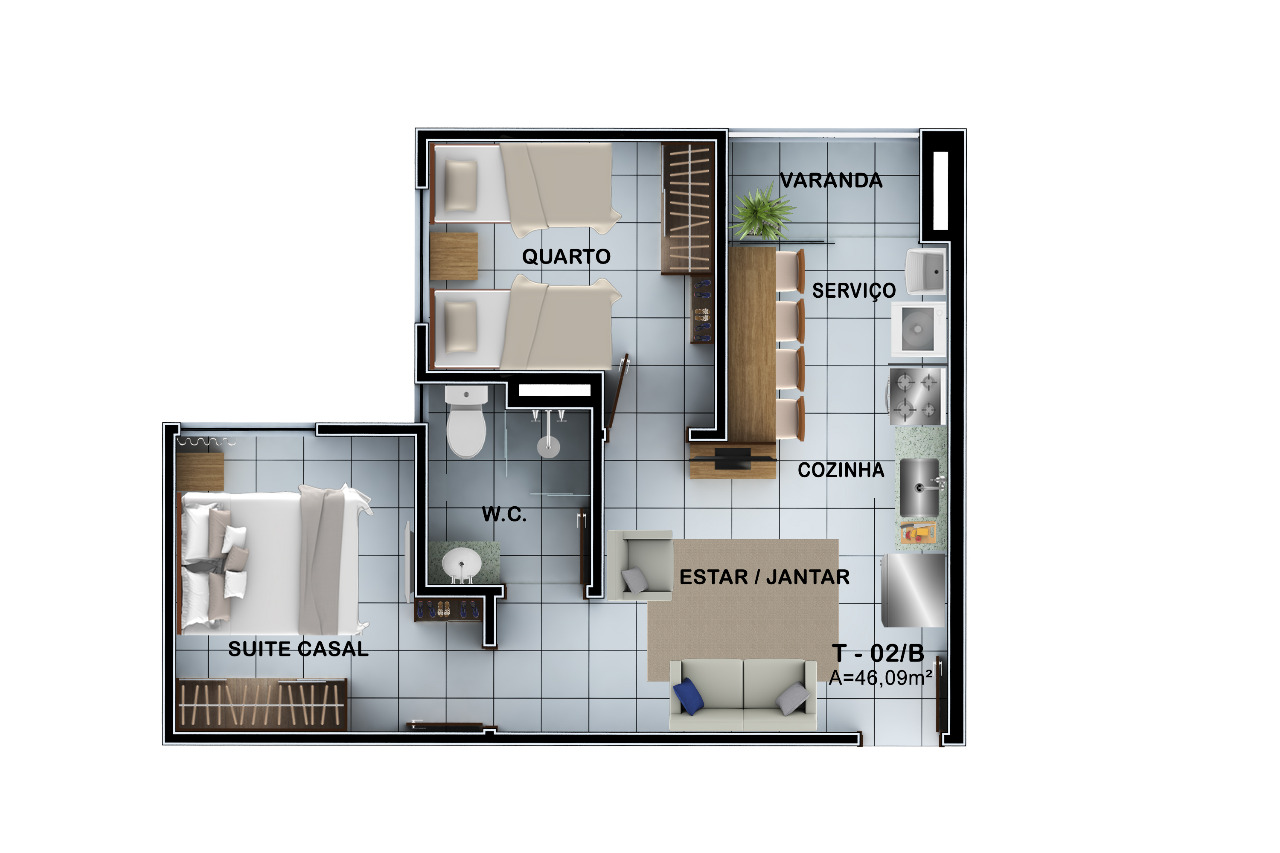 Planta 2 quartos • 55,85m²