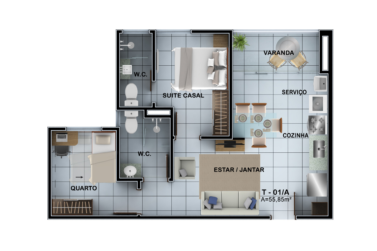 Planta 3 quartos • 60,34m²