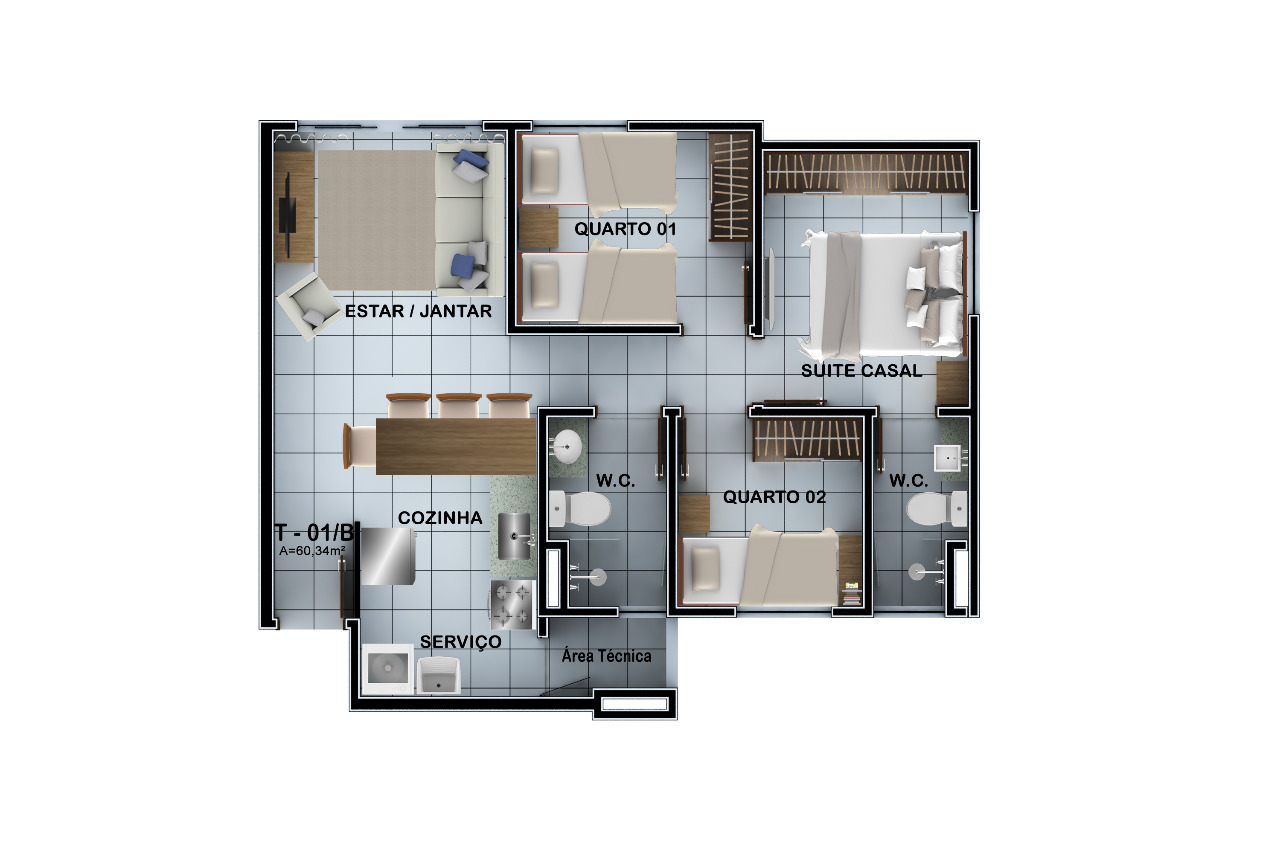 Planta 3 quartos • 66,92m²